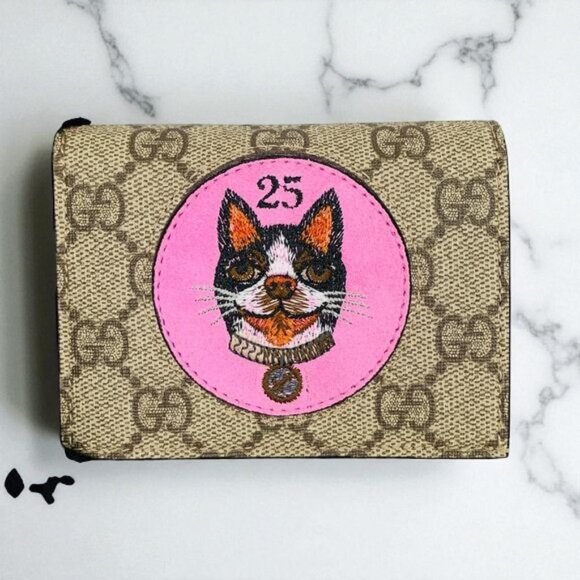 NIB Gucci GG Supreme Monogram Bosco Patch Card Case Wallet Beige Malva Hibiscus - Picture 1 of 5